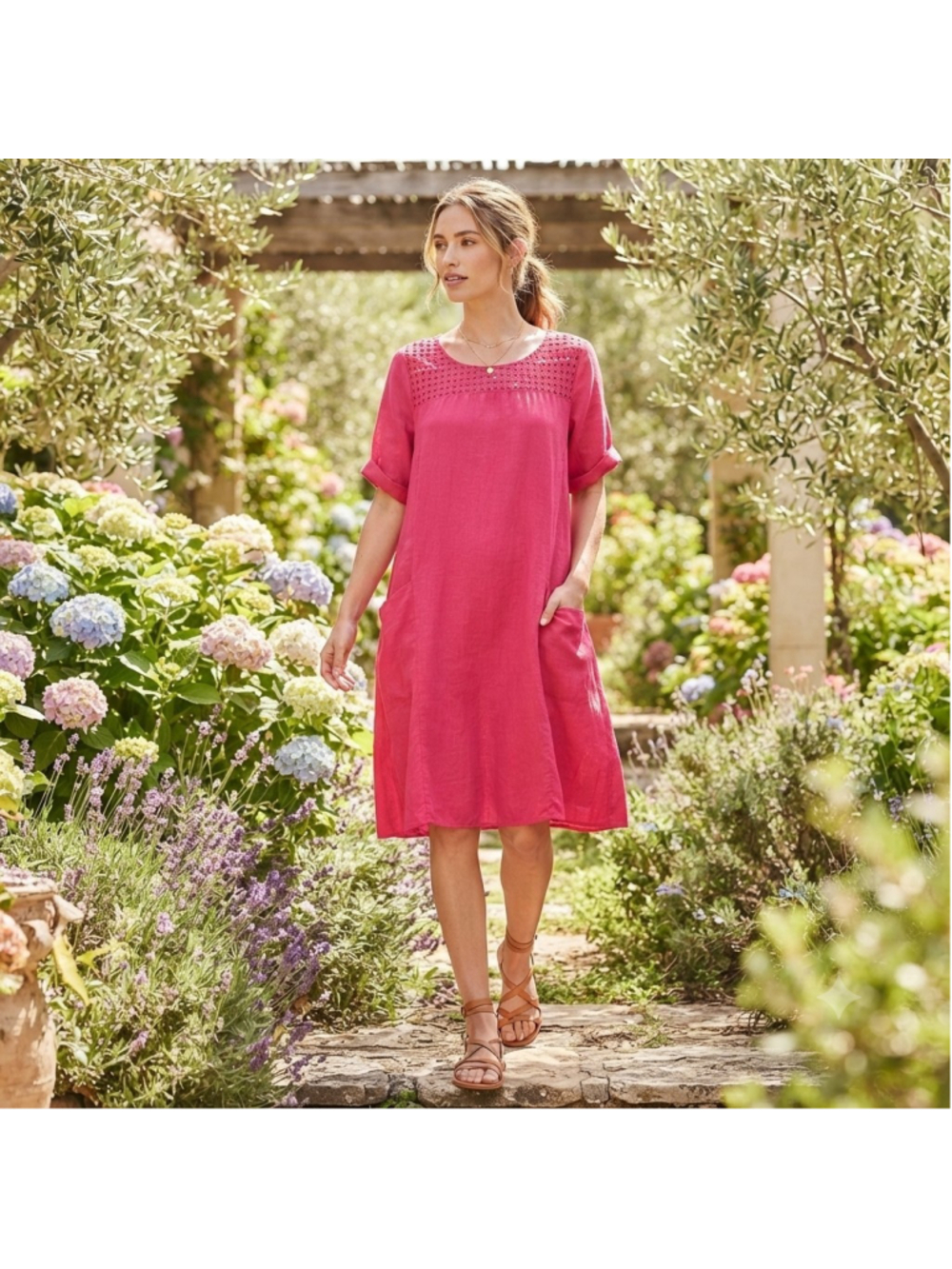 OSO Casuals 100% Linen Dress Hot Pink Short Sleeve Front Pockets Made Italy S